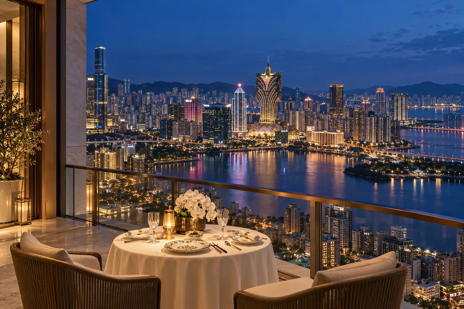 澳门南湾湖与新葡京夜景,私邸露台粤式私宴
