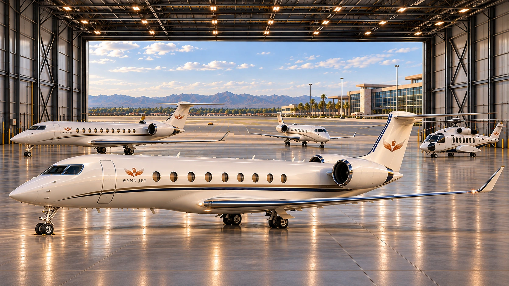 Wynnjet G700 in a spacious hangar, with two private jets, an S-92 VIP helicopter, and views of the runway and FBO; AI concept image